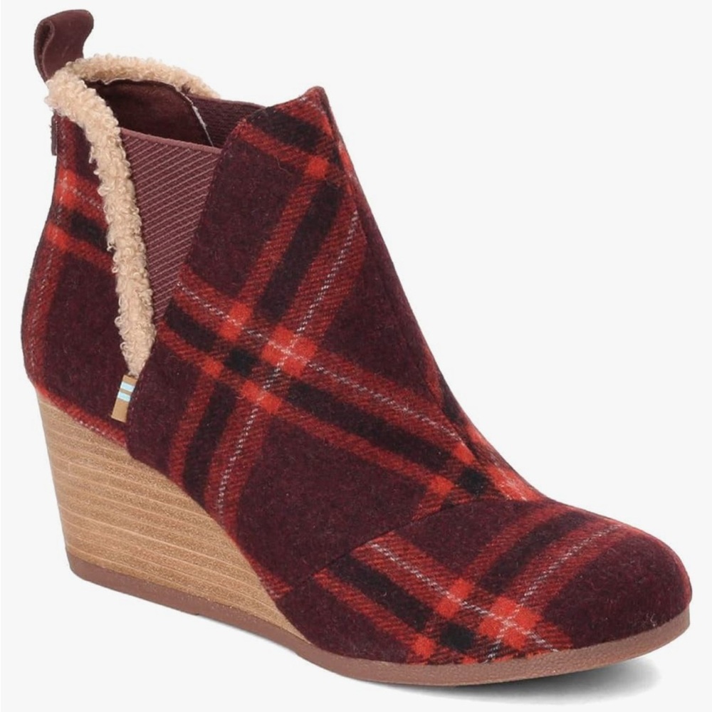 New TOMS Red Plaid Wedge Booties Size 7M